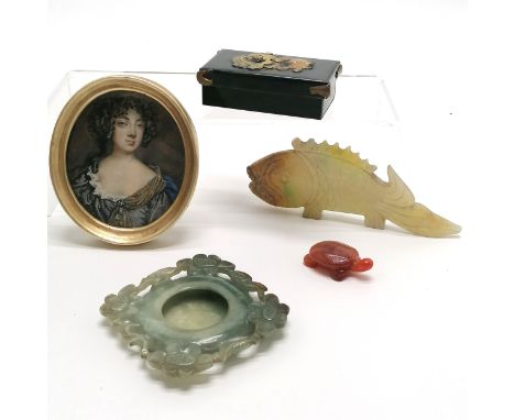 Hand carved jade fish (tail a/f) + brush wash, Mexican metal box, Isabel Florrie Saul (1895–1982) miniature portrait of Lucy 