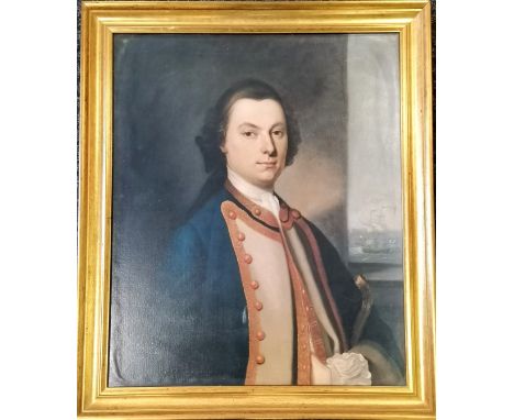 Gilt framed portrait of a nautical gentleman with a tall masted ship to background - 88cm x 64cm