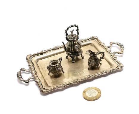 Bela sterling silver miniature tray with 3 piece tea set - tray 16cm x 9.5cm &amp; total weight (4) 156g ~ sugar basin lacks 