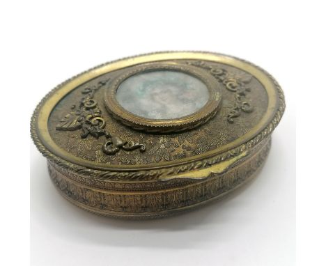 Continental oval jewellery box with portrait miniature to lid - 9cm across and has original velvet lining ~ signs of wear but