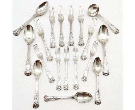 Qty of matched Victorian and earlier silver forks, spoons &amp; ladle in kings pattern - longest spoon 22cm &amp; total weigh