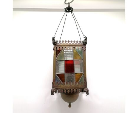 Antique lead light lantern with original burner - 60cm drop ~ slight distortion to 1 panel 