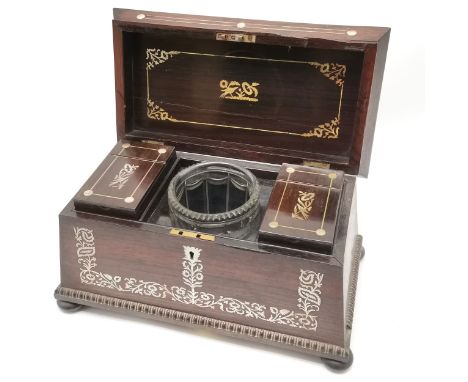 Antique rosewood sarcophagus shaped tea caddy with mother of pearl decoration &amp; original glass mixing bowl - 36cm x 20cm 