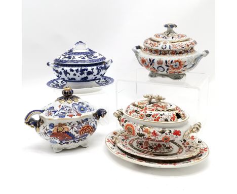 4 antique small tureens including 2 ironstone, 1 has a regimental crest (41st regiment) the other has it's matching ladle - t