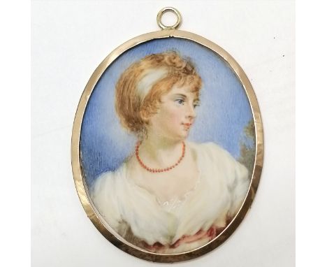 Regency watercolour portrait miniature of a woman with a coral necklace in an unmarked 9ct gold frame 9cm x 6.5cm