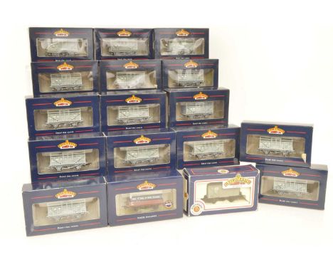 Bachmann OO Gauge BR Grey Goods Wagons (17), all boxed, 33-655 cattle wagons (15), 33-626 vent van (1), 37-929 plank wagon wi
