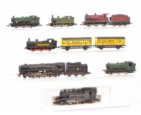 British Outline N Gauge Steam Locomotives (9), all unboxed, locomotives with tenders, Minitrix Class 9F 92018 in BR black, Li