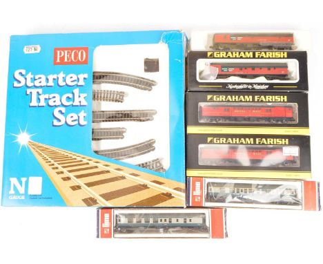 N Gauge BR Royal Mail and Railfreight and a Peco Track Pack (7), Graham Farish by Bachmann boxed 374-901B Royal Mail TPO Sort