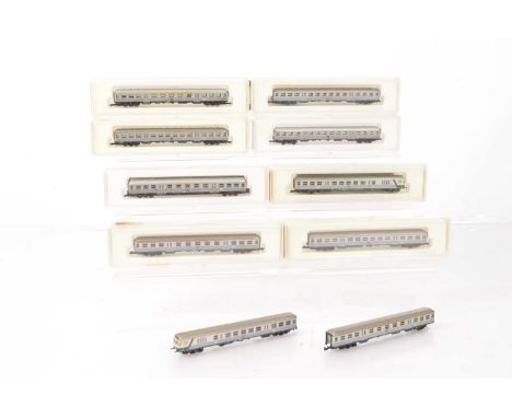 Marklin Mini Club Z Gauge Silver Fish Coaching Stock (10), mainly cased, 8716 (3), 8717 (3), 8718 (2) one cased, and two othe