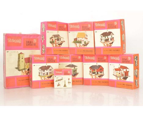 Tri-ang 00 Gauge Real Estate Model Land unmade buildings (9), No 1 Village Inn, No 2 The Grange, No 6 Hardware Shop, No 7 Gar