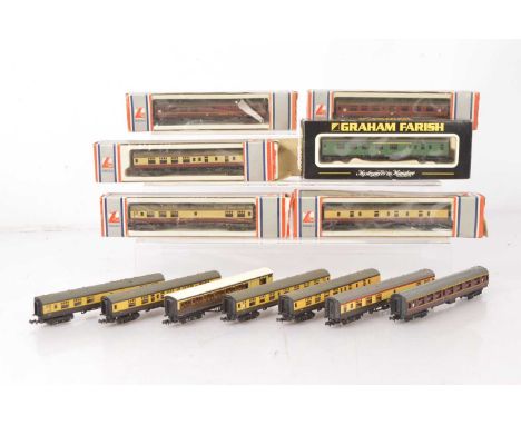 British Outline N Gauge Coaching Stock (13),  various examples, boxed Lima BR crimson/cream 320369, 320358, 320359, boxed Gra
