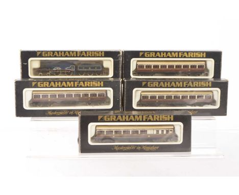 Graham Farish By Bachmann N Gauge Caledonian Railway Steam Locomotive with Tender and Coaches, all boxed, models dusty from l