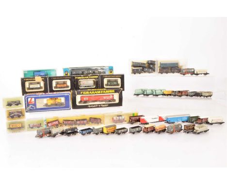 N Gauge Goods Wagons Mainly British Outline (55+), mainly unboxed, tank wagons, plank wagons, hoppers, brake vans and others,