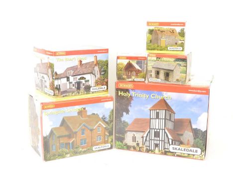 Hornby OO Skaledale Trackside Buildings (6), all boxed, R8553 Holy Trinity Church (weather vane present), R8563 Springside Co