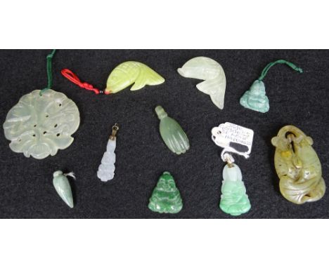 CHINESE &amp; OTHER JADE PENDANTS &amp; ORNAMENTAL WARE, 10 ITEMS - including fish, seated buddhas, one carved in the shape o