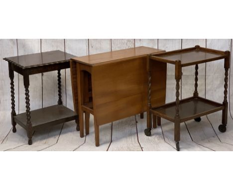 MID-CENTURY TEAK GATE LEG DINING TABLE, 74cms H, 83cms L, 37cms W (closed)barley twist oak two tier side table, 72cms H, 58cm
