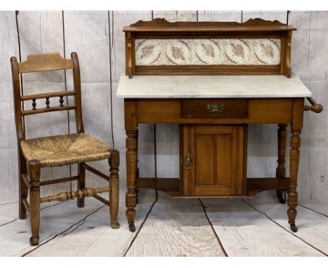EDWARDIAN SATINWOOD TILE BACK WASHSTAND with white marble top, 102cms H overall, 96cms W maximum, 48cms D and a 19th Century 