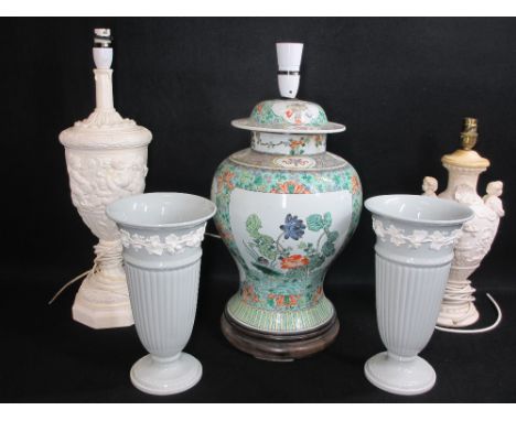 CHINESE POTTERY VASE LAMP, two embossed lamps and a pair of sprig decorated Wedgwood vases, 27cms H