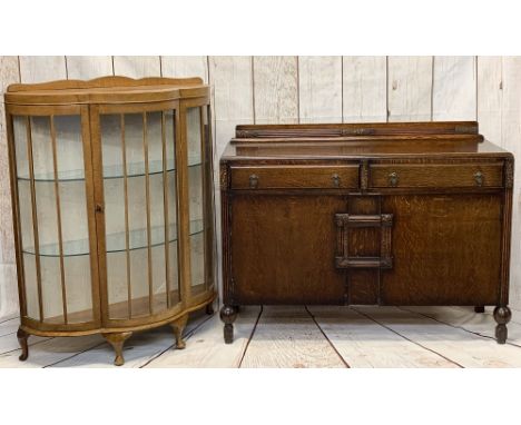 VINTAGE OAK RAILBACK SIDEBOARD, 102cms H, 134cms W, 49cms D and a shaped china display cabinet with railback, 130cms H, 103cm