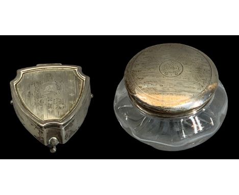 SHIELD SHAPE SILVER RING BOX and a silver lidded glass dressing table pot, Birmingham 1921, maker A &amp; J Zimmerman Ltd and