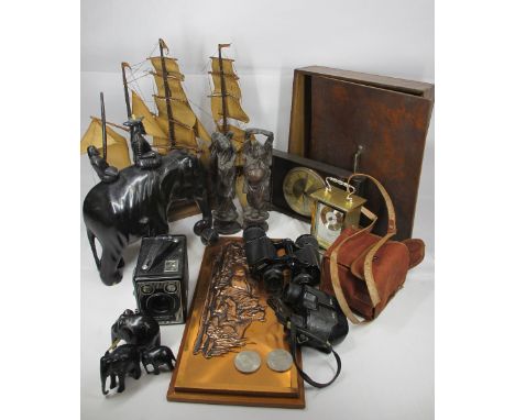 EBONY ELEPHANTS, carved hardwood figurines, binoculars, vintage clocks, ETC