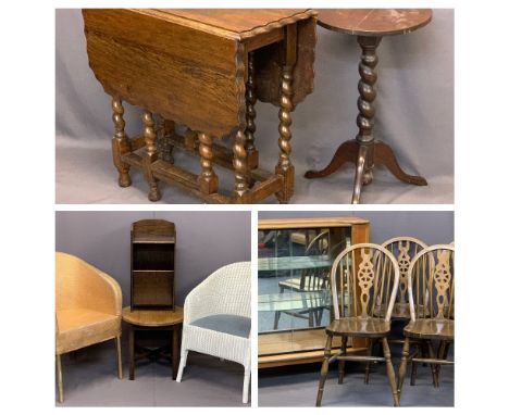 OAK BARLEY TWIST GATELEG TABLE with piecrust edge and a circular top tripod table with barley twist column, 73.5cms H, 74cms 