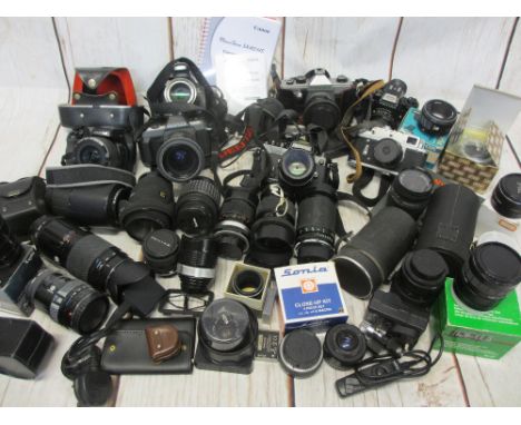 SLR CAMERA &amp; LENS COLLECTION - makers include Nikon, Pentax, Fujifilm, Cannon, Zorki and Praktica, lenses by Tamron, Hama