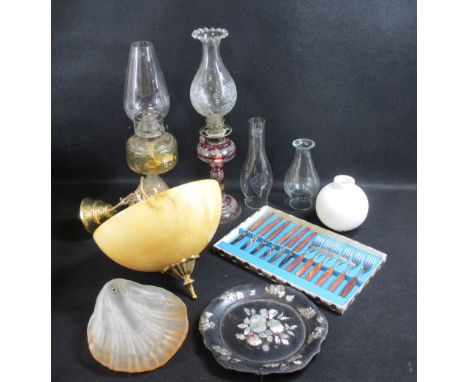 VINTAGE OIL LAMPS (2), alabaster type ceiling light fitting, papier mache tray and other items of interest