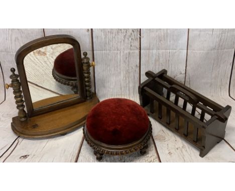 VINTAGE OCCASIONAL FURNITURE ITEMS (3) to include a bobbin turned swing toilet mirror on an oval base, 47.5cms H, 47cms W, 19