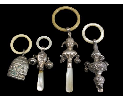 BABY'S SILVER RATTLES/TEETHERS (3) PLUS ONE OTHER to include a whistle with bells example having a mother of pearl teething r