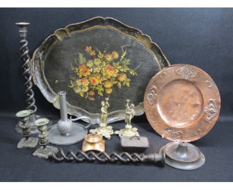 MIXED METALWARE COLLECTABLES and a papier mache tray, to include an Art Nouveau embossed copper charger, no maker's mark, ope
