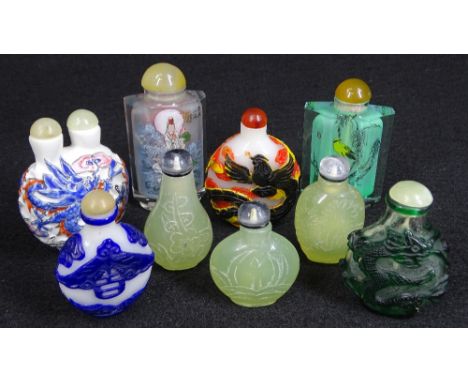 CHINESE OPIUM BOTTLES (9) - one being in porcelain with double top and dragon decoration in relief, all the others in various