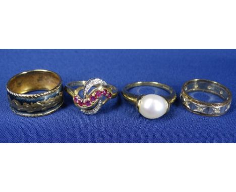 9CT GOLD DRESS RINGS (4) - 11grms gross, one mounted with cultured pearl, size P, one set with red and white colour stones si