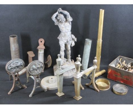 MIXED VINTAGE &amp; LATER METALWARE to include two pairs of fire dogs, one having Art Nouveau detail, hooks and other fitting