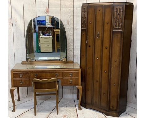 VINTAGE OAK SINGLE DOOR HALL ROBE, 185cms H, 78cms W, 41cms D and a triple mirror walnut dressing table, 165cms H overall, 12