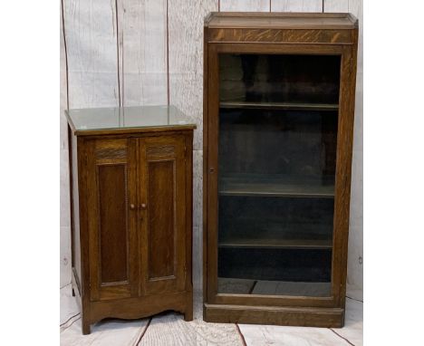 VINTAGE OAK CABINETS (2) to include a single glazed door bookcase with interior adjustable shelves, 132cms H, 61.5cms W, 34cm