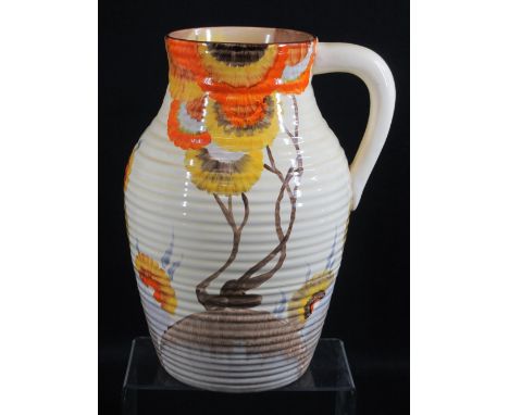 CLARICE CLIFF 'RHODANTHE' SINGLE HANDLE LOTUS JUG, signed 'Clarice Cliff' with Wilkinson Ltd, England to the base, 29.5cms H