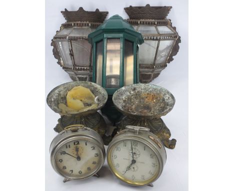VINTAGE TIN LANTERN LAMPS, IKEA modern example, two gilt metal candle stands and two large alarm clocks