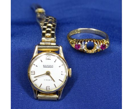 RAMONA EIGHTEEN CARAT GOLD CASED LADY'S WRISTWATCH on a gilt metal bracelet and an eighteen carat gold ring set with small di