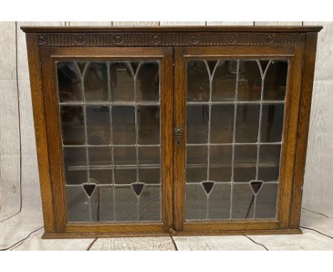 VINTAGE OAK BOOKCASE TOP, Priory style with twin leaded glazed doors and interior shelving, 88.5cms H, 116cms W, 24cms D