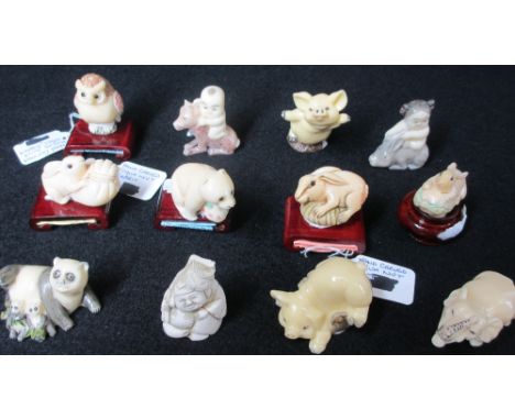 VARIOUS COMPOSITION CARVED &amp; CAST ANIMAL FIGURINES and a small Netsuke of a seated fisherman, the animals include carved 