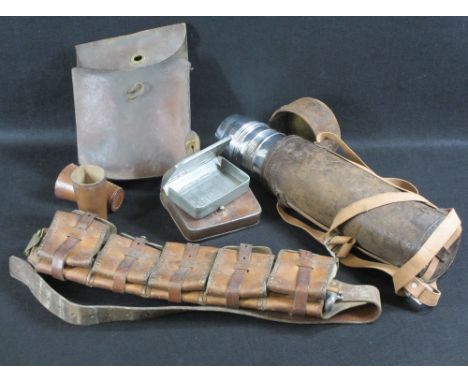 AMENDED DESCRIPTION - HUNTSMAN'S/RAILWAYMAN'S LEATHER GOODS to include a flask carrier, two pouches, one having interior cont