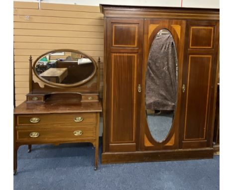 CIRCA 1900 MAHOGANY TWO PIECE BEDROOM SUITE having boxwood stringing and Sheraton style fan inlays, to include a two door war