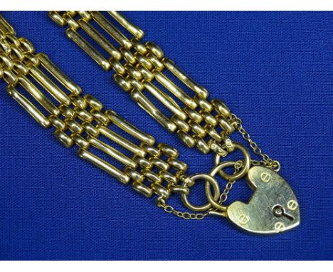 NINE CARAT YELLOW GOLD GATE LINK BRACELET with padlock clasp, 14.2grms