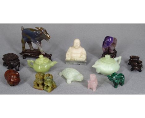 CHINESE CARVED HARDSTONE CABINET ORNAMENTS, 11 ITEMS - some with carved wooden stands including agate, amethyst, onyx, malach