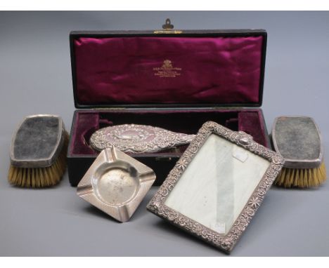 SMALL SILVER, 5 ITEMS - a Chester silver hairbrush, makers John &amp; William Deakin, in a velvet and satin lined box, the sa