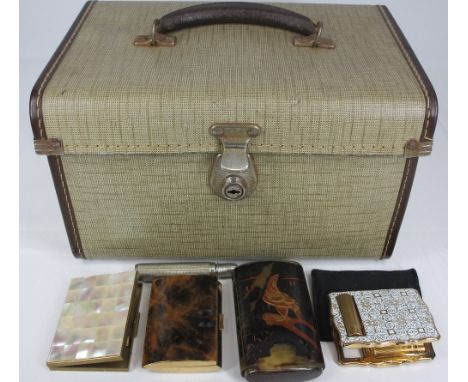 VINTAGE VANITY CASE &amp; CONTENTS - a Japanese lacquer work cigar case, Stratton No 1 lady's compact with lipstick, mother o