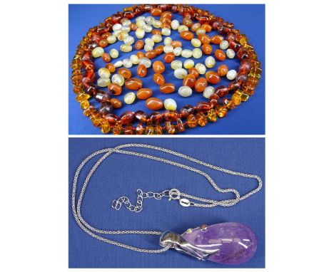 LARGE PEAR SHAPE AMETHYST SILVER MOUNTED PENDANT WITH CHAIN - 28.9grms and a DARK AMBER NECKLACE, untested, 68cms L and a gol