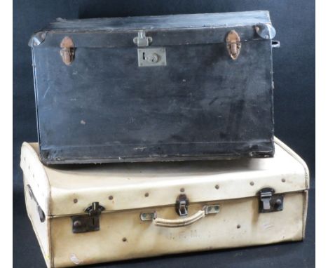 VINTAGE 'THE ALFORD' TRAVEL TRUNK containing a quantity of unused art paper, 37.5cms H, 68cms W, 39cms D and a pig's skin sui