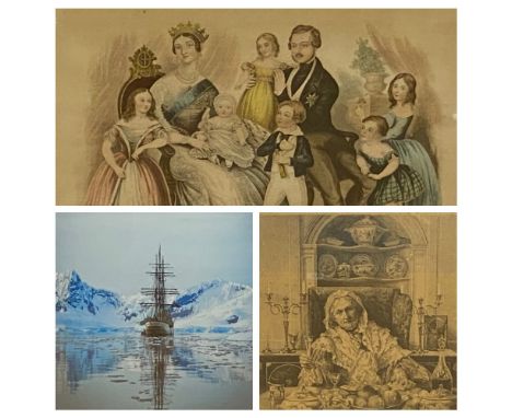 W DENDY SADLER antique print - a lady and a table, signed in pencil, 45 x 32cms, a print of Victoria's Royal Family and a sig